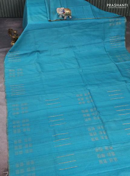 Teal Blue & Green Pure Tussar Silk - Printed Embroidery Blouse