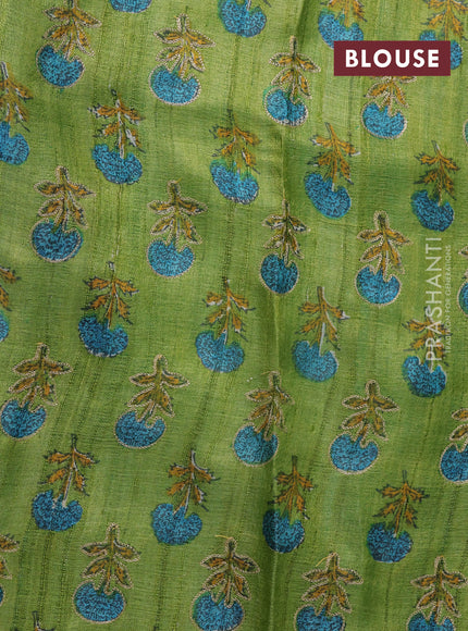 Teal Blue & Green Pure Tussar Silk - Printed Embroidery Blouse