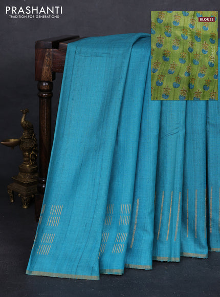 Teal Blue & Green Pure Tussar Silk - Printed Embroidery Blouse