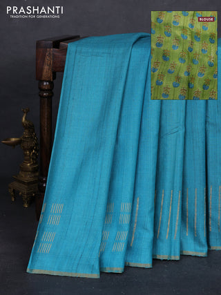 Teal Blue & Green Pure Tussar Silk - Printed Embroidery Blouse