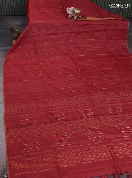 Maroon & Mustard Yellow Pure Tussar Silk - Printed Embroidery Blouse