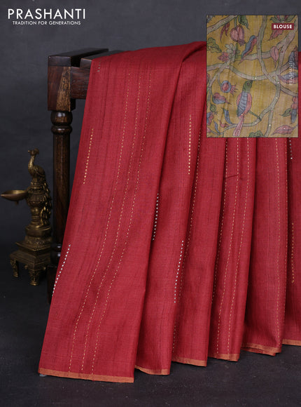 Maroon & Mustard Yellow Pure Tussar Silk - Printed Embroidery Blouse