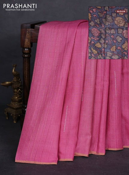 Pink & Grey Pure Tussar Silk - Printed Embroidery Blouse