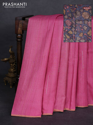 Pink & Grey Pure Tussar Silk - Printed Embroidery Blouse