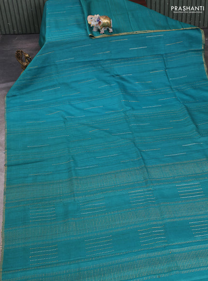 Teal Green & Mustard Pure Tussar Silk - Printed Embroidery Blouse