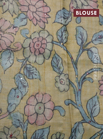 Teal Green & Mustard Pure Tussar Silk - Printed Embroidery Blouse