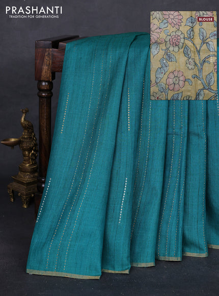 Teal Green & Mustard Pure Tussar Silk - Printed Embroidery Blouse
