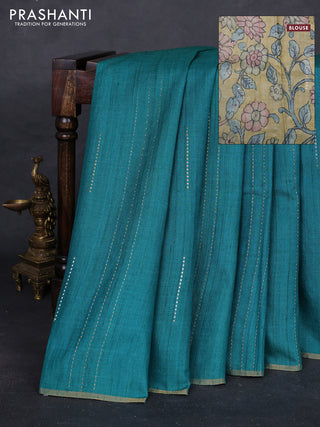 Teal Green & Mustard Pure Tussar Silk - Printed Embroidery Blouse