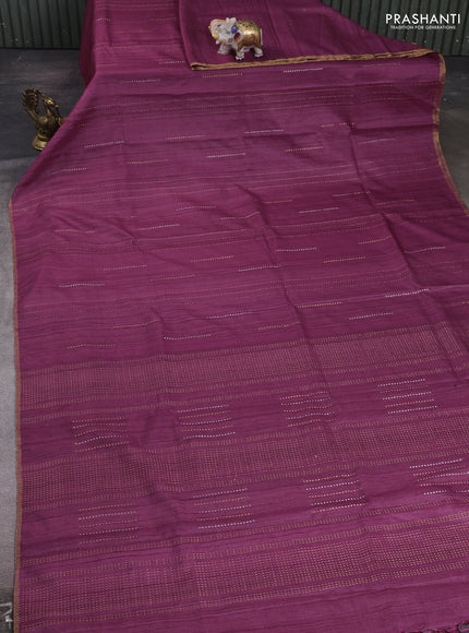 Wine & Blue Pure Tussar Silk - Printed Embroidery Blouse