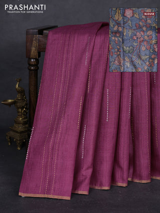 Wine & Blue Pure Tussar Silk - Printed Embroidery Blouse
