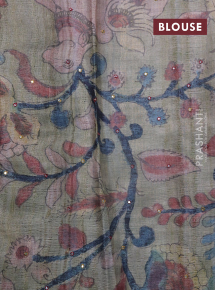 Blue & Pastel Green Pure Tussar Silk - Printed Embroidery Blouse