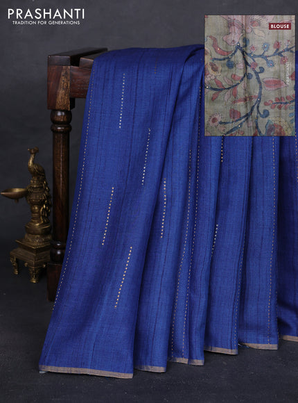 Blue & Pastel Green Pure Tussar Silk - Printed Embroidery Blouse