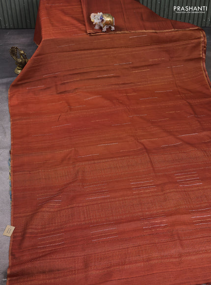 Rustic Orange & Grey Pure Tussar Silk - Printed Embroidery Blouse