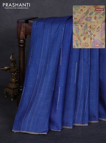 Blue & Elaichi Green Pure Tussar Silk - Printed Embroidery Blouse
