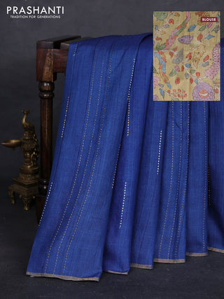 Blue & Elaichi Green Pure Tussar Silk - Printed Embroidery Blouse