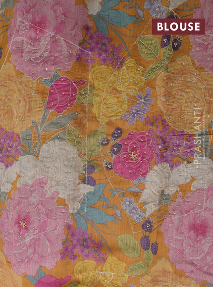 Grey & Mustard Pure Tussar Silk - Printed Embroidery Blouse
