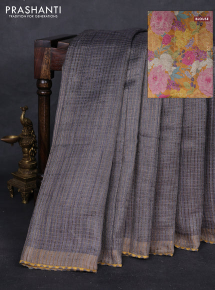 Grey & Mustard Pure Tussar Silk - Printed Embroidery Blouse