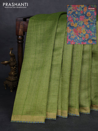 Parrot Green & Blue Pure Tussar Silk - Printed Embroidery Blouse