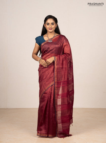 Maroon & Peacock Blue Pure Tussar Silk - Printed Embroidery Blouse