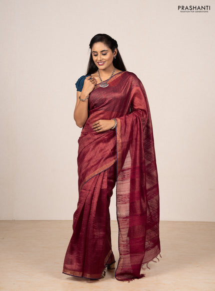 Maroon & Peacock Blue Pure Tussar Silk - Printed Embroidery Blouse