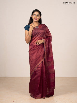 Maroon & Peacock Blue Pure Tussar Silk - Printed Embroidery Blouse