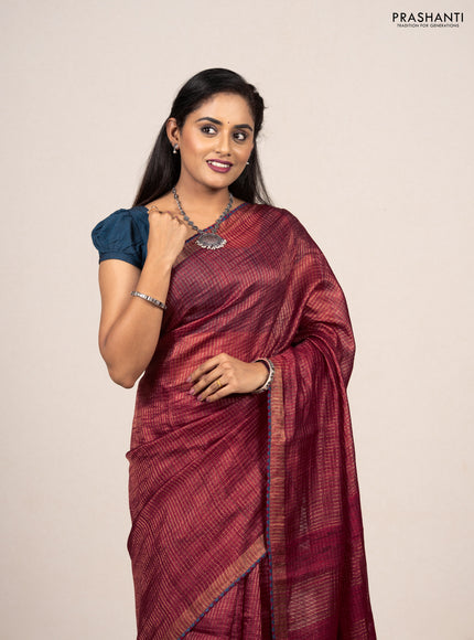 Maroon & Peacock Blue Pure Tussar Silk - Printed Embroidery Blouse
