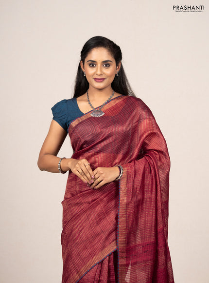 Maroon & Peacock Blue Pure Tussar Silk - Printed Embroidery Blouse