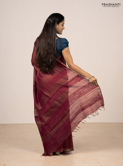 Maroon & Peacock Blue Pure Tussar Silk - Printed Embroidery Blouse
