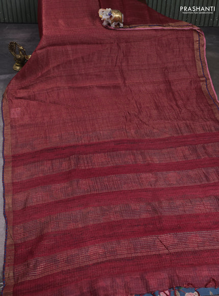 Maroon & Peacock Blue Pure Tussar Silk - Printed Embroidery Blouse