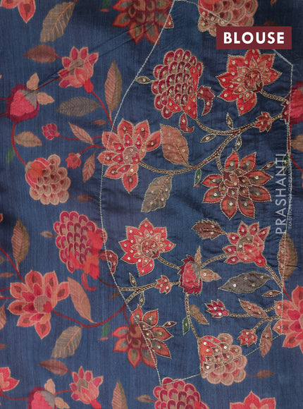 Maroon & Peacock Blue Pure Tussar Silk - Printed Embroidery Blouse