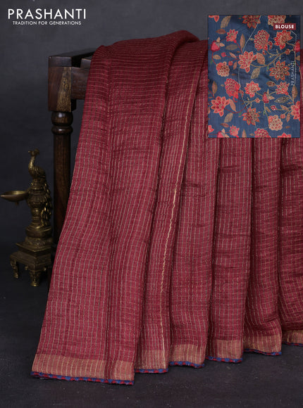 Maroon & Peacock Blue Pure Tussar Silk - Printed Embroidery Blouse