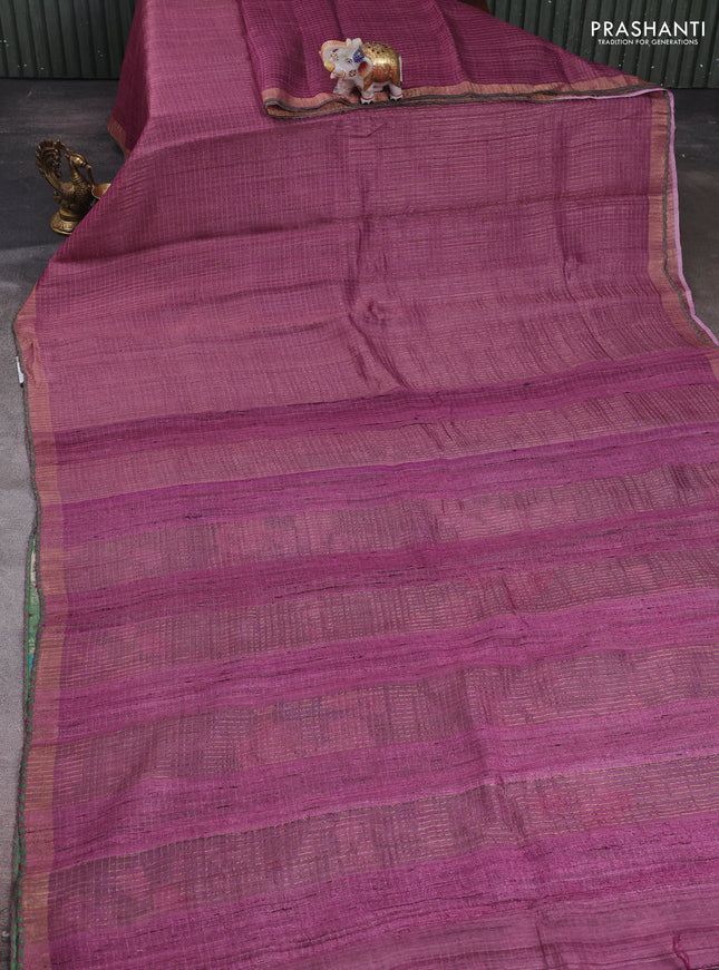 Mauve Pink & Green Pure Tussar Silk - Printed Embroidery Blouse