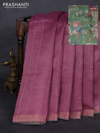 Mauve Pink & Green Pure Tussar Silk - Printed Embroidery Blouse