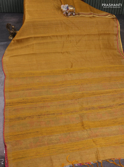 Mustard Yellow & Pink Pure Tussar Silk - Printed Embroidery Blouse