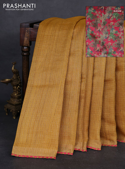 Mustard Yellow & Pink Pure Tussar Silk - Printed Embroidery Blouse
