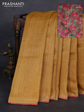 Mustard Yellow & Pink Pure Tussar Silk - Printed Embroidery Blouse