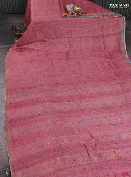 Pink & Teal Green Pure Tussar Silk - Printed Embroidery Blouse