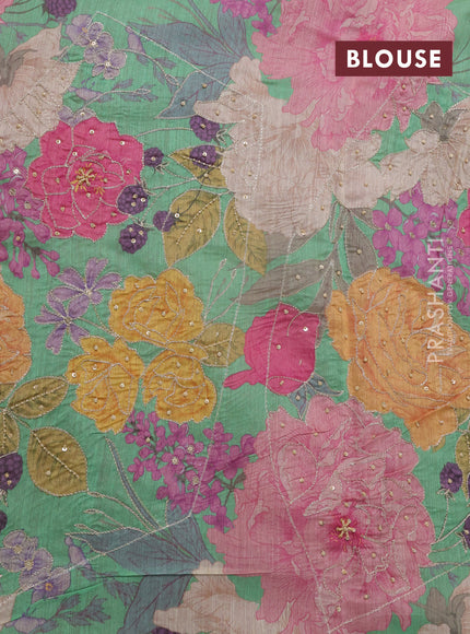Pink & Teal Green Pure Tussar Silk - Printed Embroidery Blouse