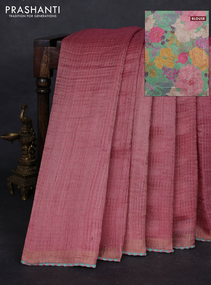 Pink & Teal Green Pure Tussar Silk - Printed Embroidery Blouse
