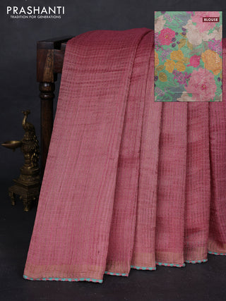 Pink & Teal Green Pure Tussar Silk - Printed Embroidery Blouse