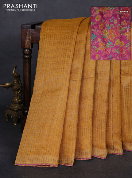 Mustard Yellow & Magenta Pink Pure Tussar Silk - Printed Embroidery Blouse