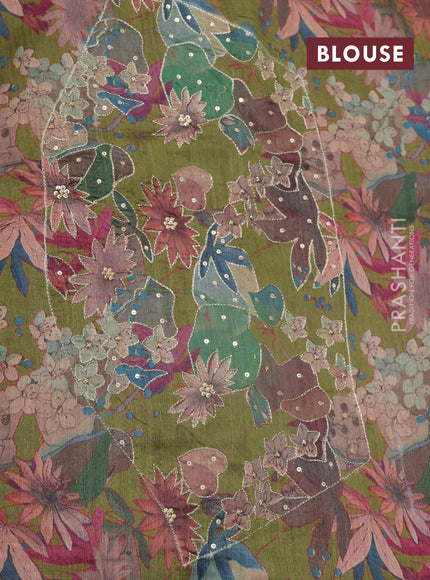 Mauve Pink & Green Pure Tussar Silk - Printed Embroidery Blouse