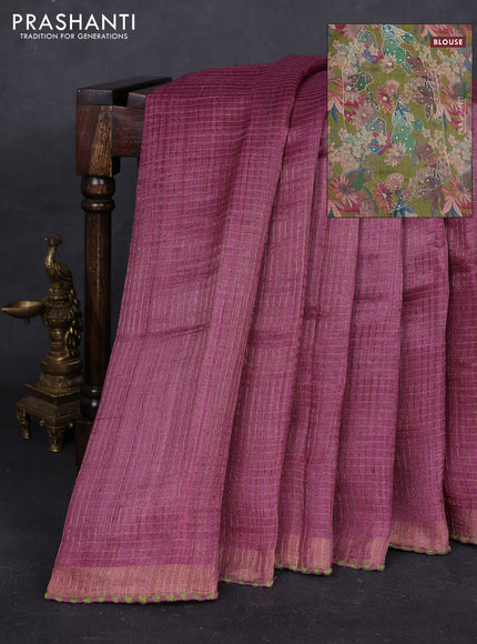 Mauve Pink & Green Pure Tussar Silk - Printed Embroidery Blouse