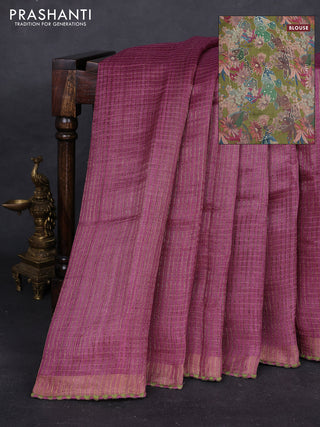 Mauve Pink & Green Pure Tussar Silk - Printed Embroidery Blouse