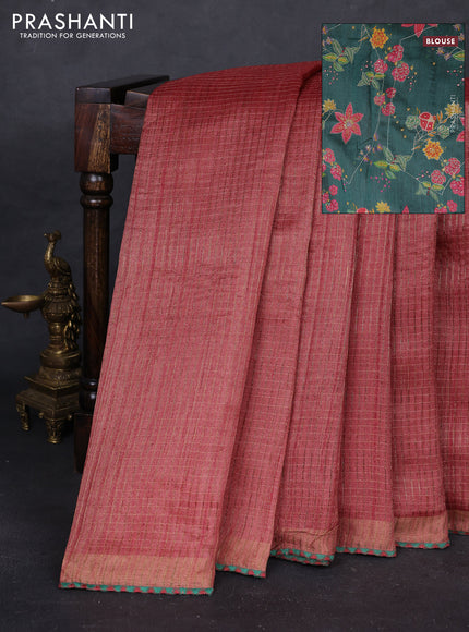 Pastel Maroon & Green Pure Tussar Silk - Printed Embroidery Blouse