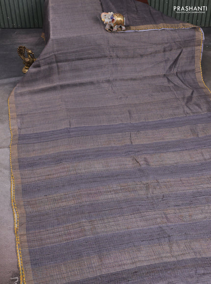 Grey & Mustard Pure Tussar Silk - Printed Embroidery Blouse