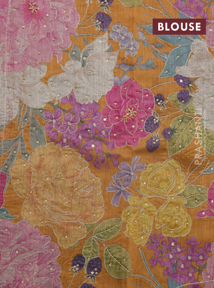 Grey & Mustard Pure Tussar Silk - Printed Embroidery Blouse