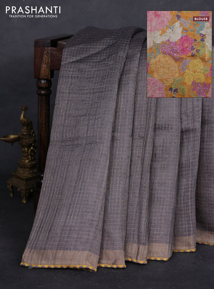 Grey & Mustard Pure Tussar Silk - Printed Embroidery Blouse