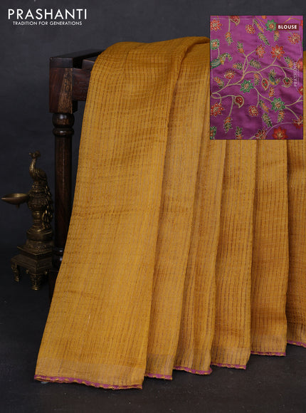 Mustard & Purple Pure Tussar Silk - Printed Embroidery Blouse