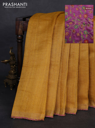 Mustard & Purple Pure Tussar Silk - Printed Embroidery Blouse